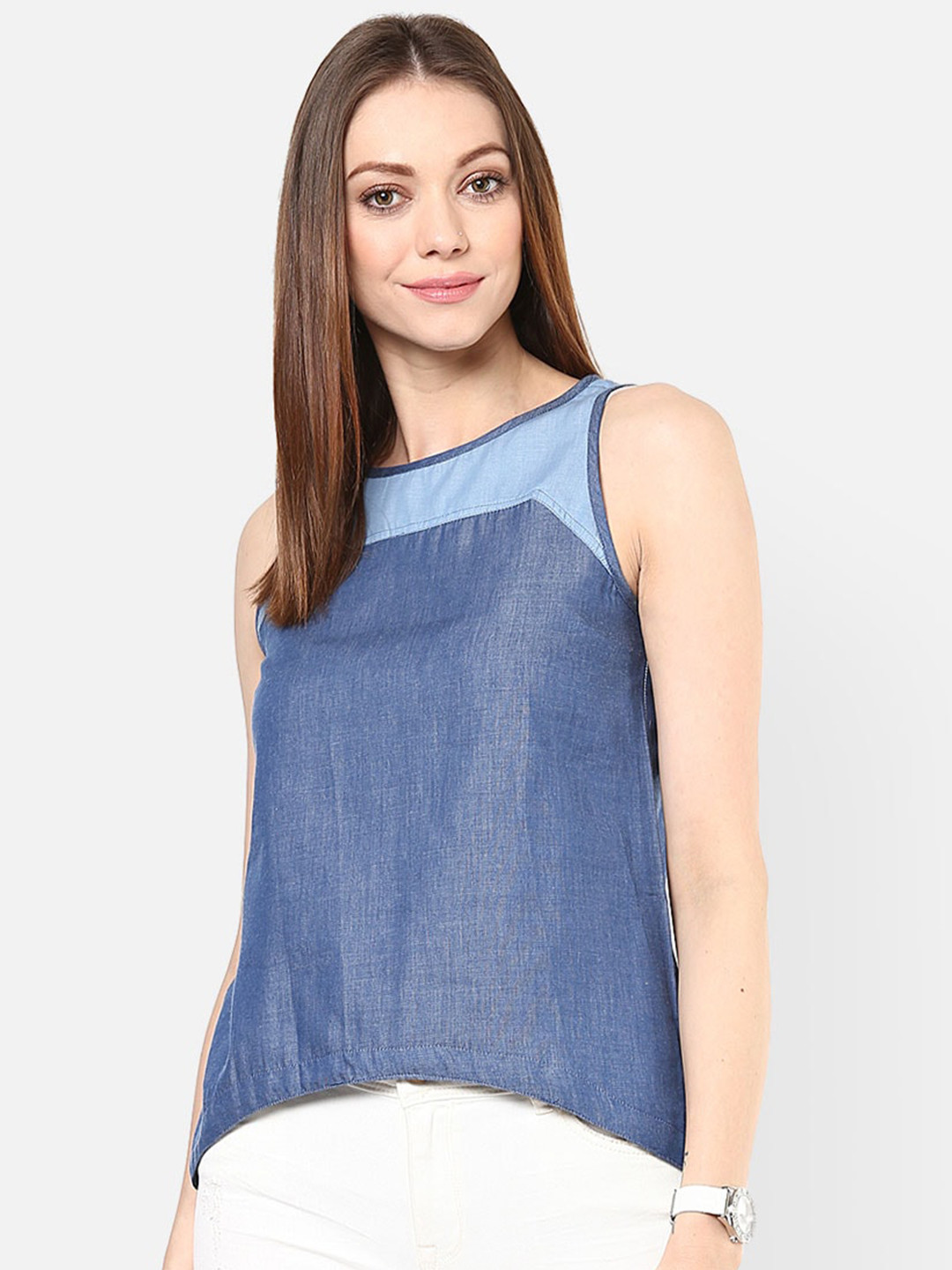 

109F Round Neck Sleeveless High-Low Top, Blue