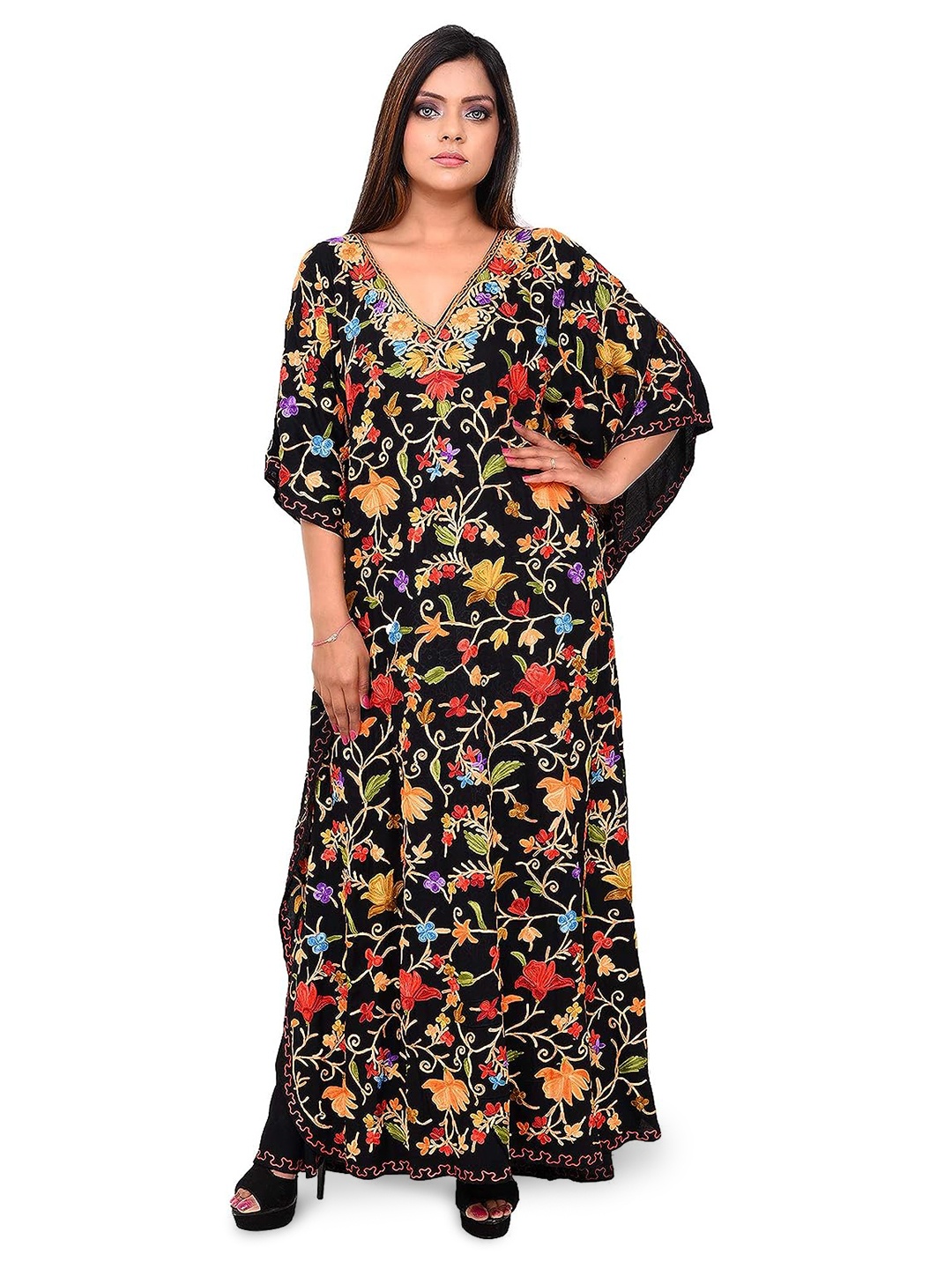 

CRAFTBAZAR Floral Embroidered V-Neck Kaftan Dress, Black