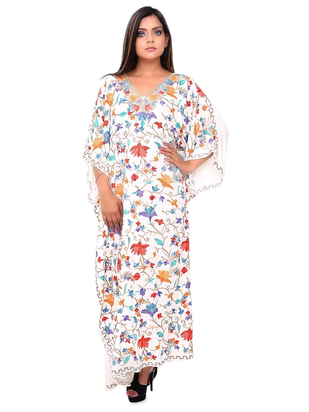 

CRAFTBAZAR Floral Embroidered V-Neck Kaftan Dress, White