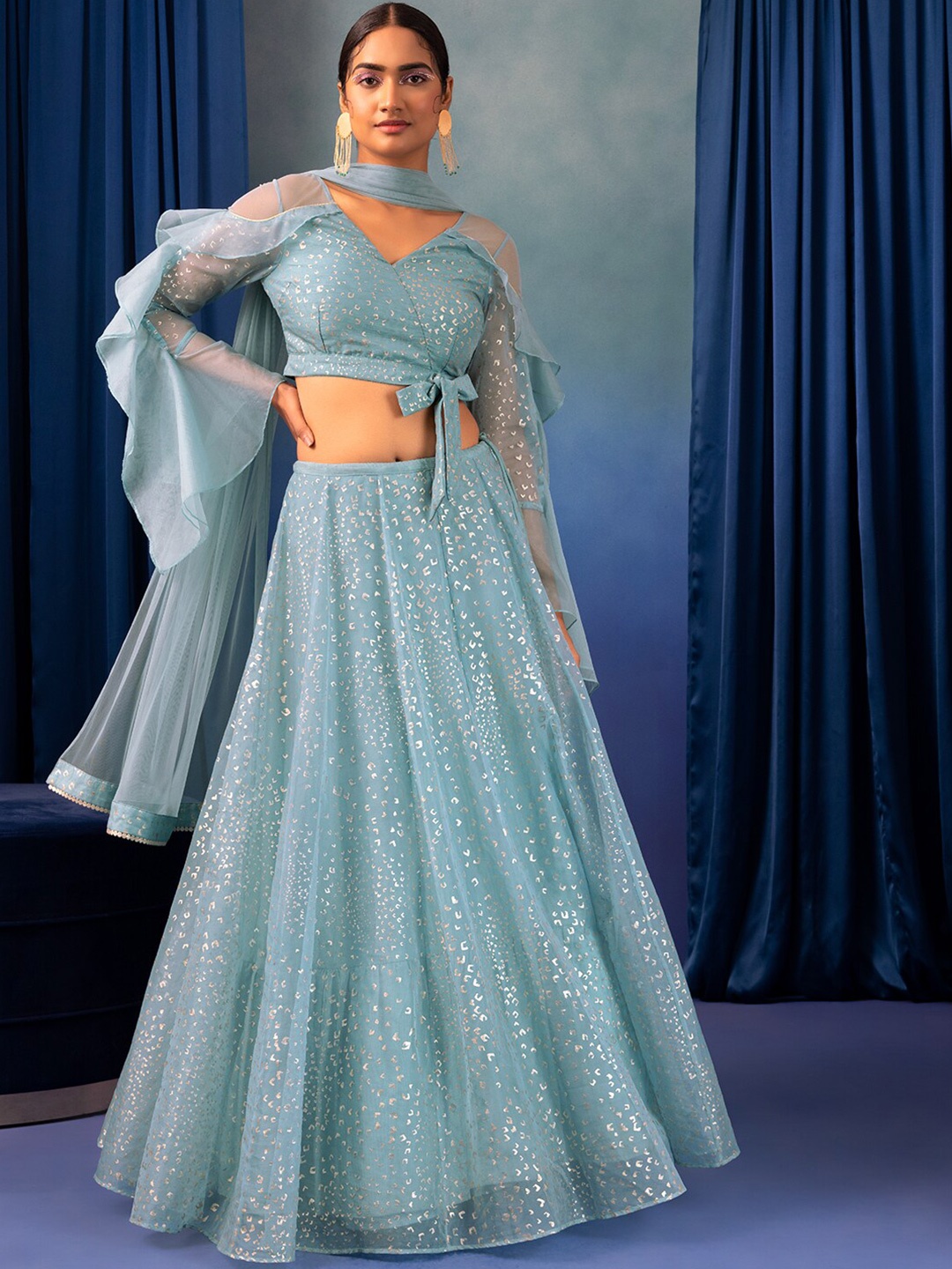 

Rang by Indya X Rohit Gandhi X Rahul Khanna Printed Ready To Wear Lehenga Choli & Dupatta, Blue
