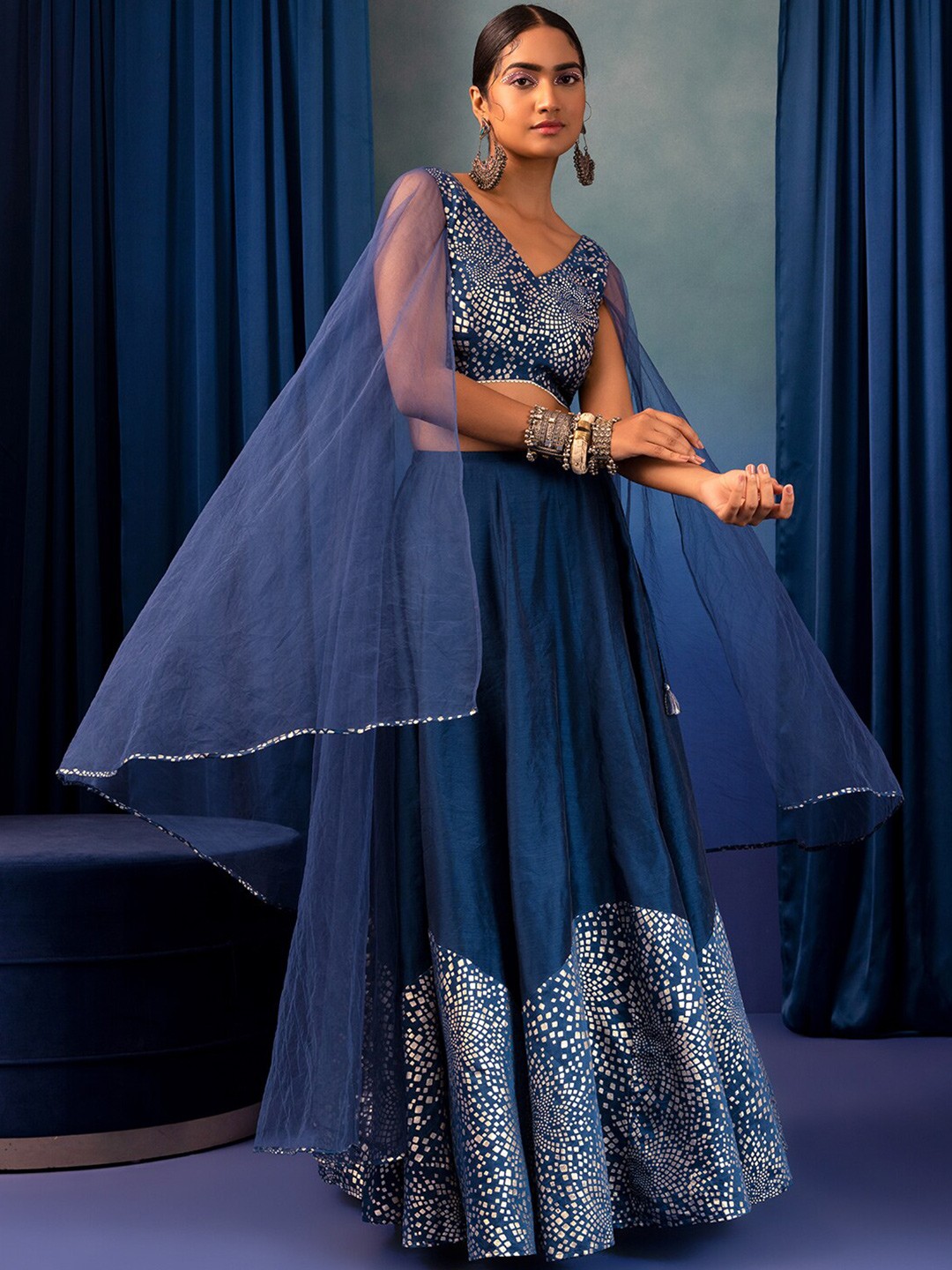 

Rang by Indya X Rohit Gandhi and Rahul Khanna Printed Ready to Wear Lehenga Choli, Blue