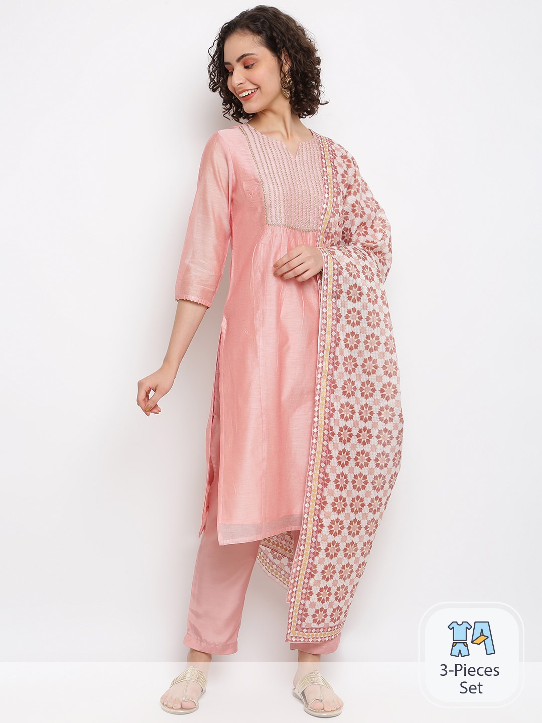 

IMARA Floral Yoke Design Thread Work Chanderi Cotton Kurta & Trousers With Dupatta, Pink