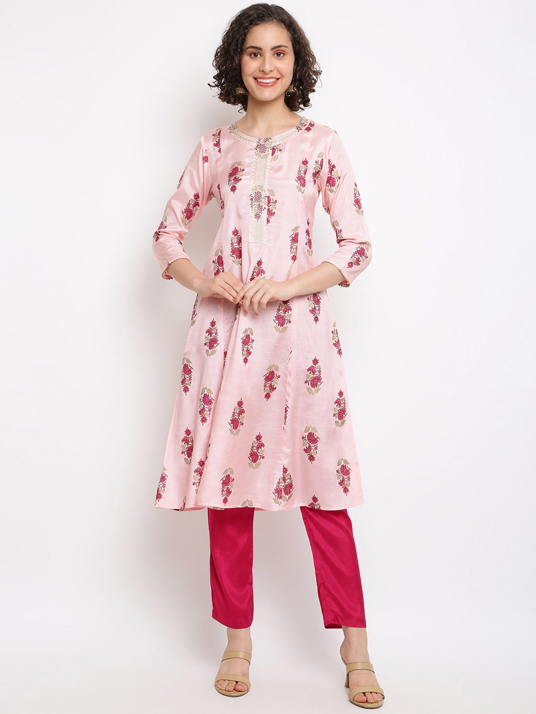 

IMARA Floral Printed Sequined A-Line Kurta with Trousers, Pink