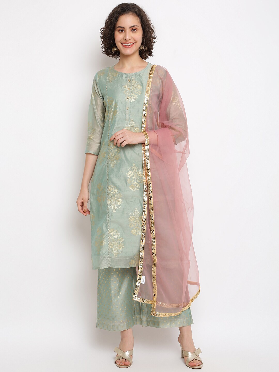 

IMARA Floral Printed Chanderi Cotton Kurta & Palazzos With Dupatta, Green