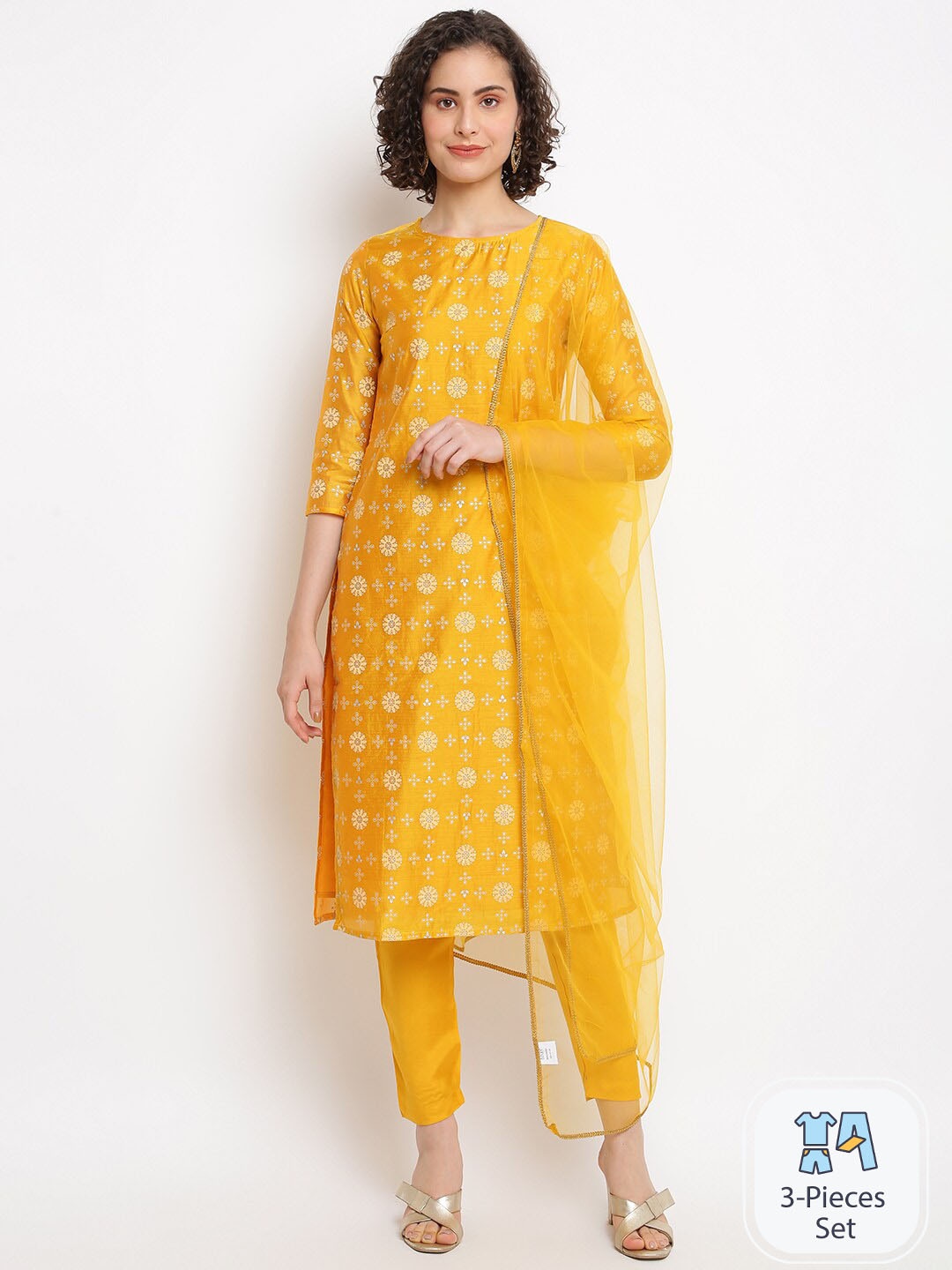 

IMARA Floral Embroidered Cotton Straight Kurta & Trousers With Dupatta, Mustard