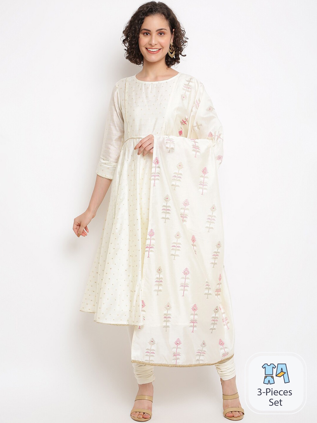 

IMARA Women Ethnic Motifs Woven Design Chanderi Cotton Kurta & Churidar With Dupatta, Off white