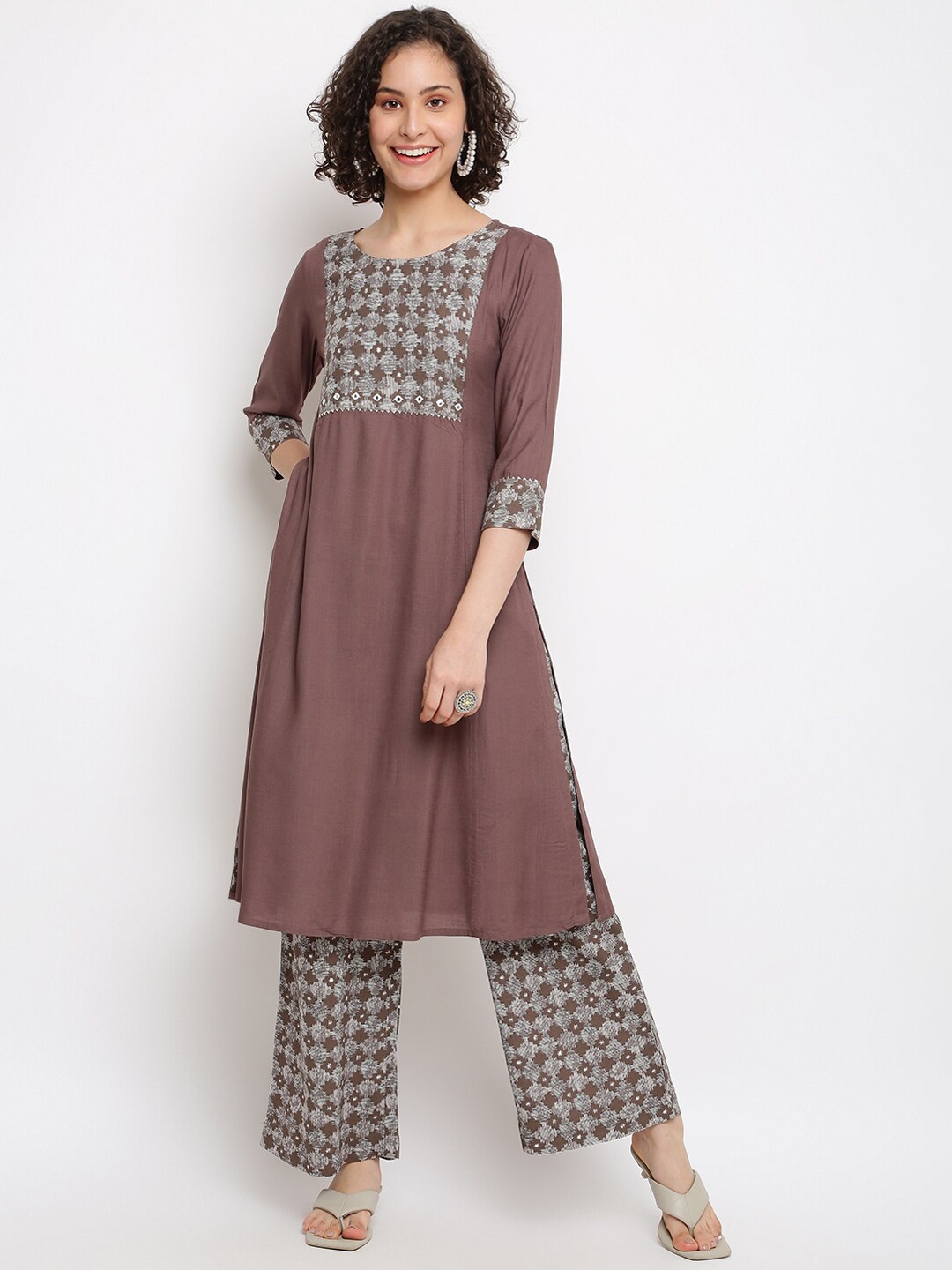 

IMARA Women Yoke Design Kurta with Palazzos, Brown