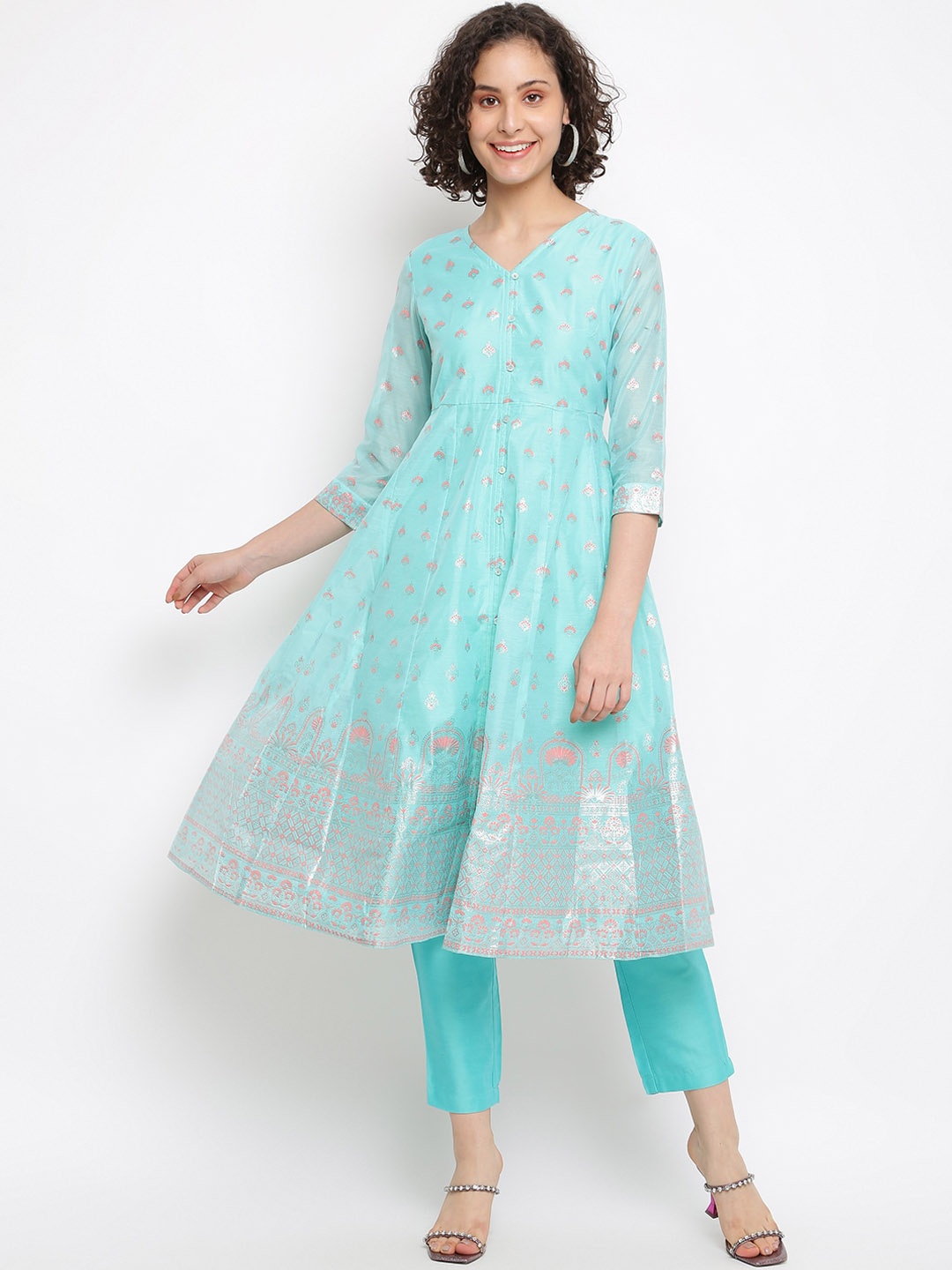 

IMARA Floral Printed Chanderi Cotton Kurta with Trousers, Blue
