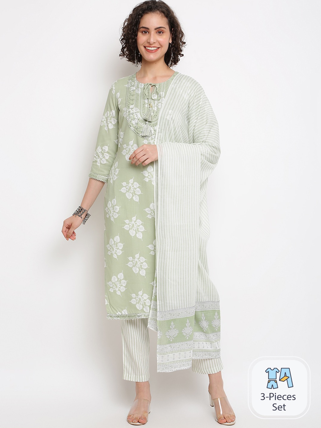

IMARA Floral Printed Kurta & Trousers With Dupatta, Green