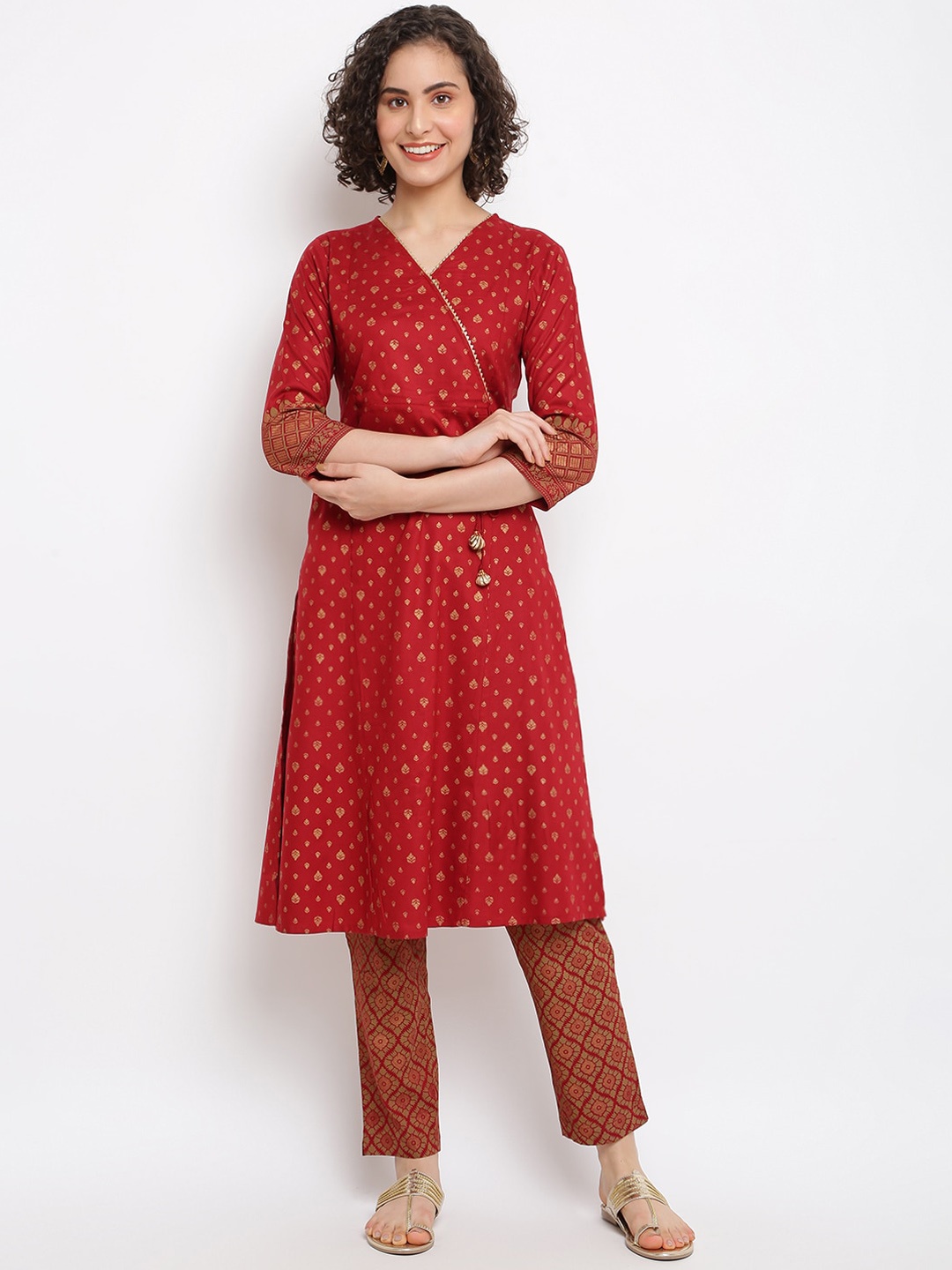 

IMARA Ethnic Motifs Printed Gotta Patti Angrakha A-Line Kurta with Trousers, Red