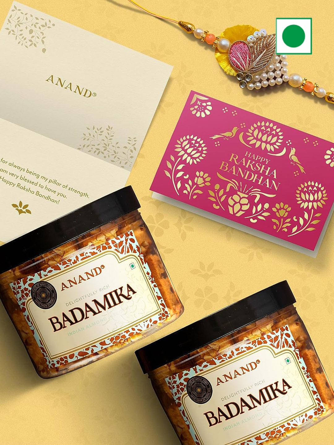 

ANAND Beaded Rakhis With Roli Chawal & Indian Biscotti Badamika Set-450 gms, Gold