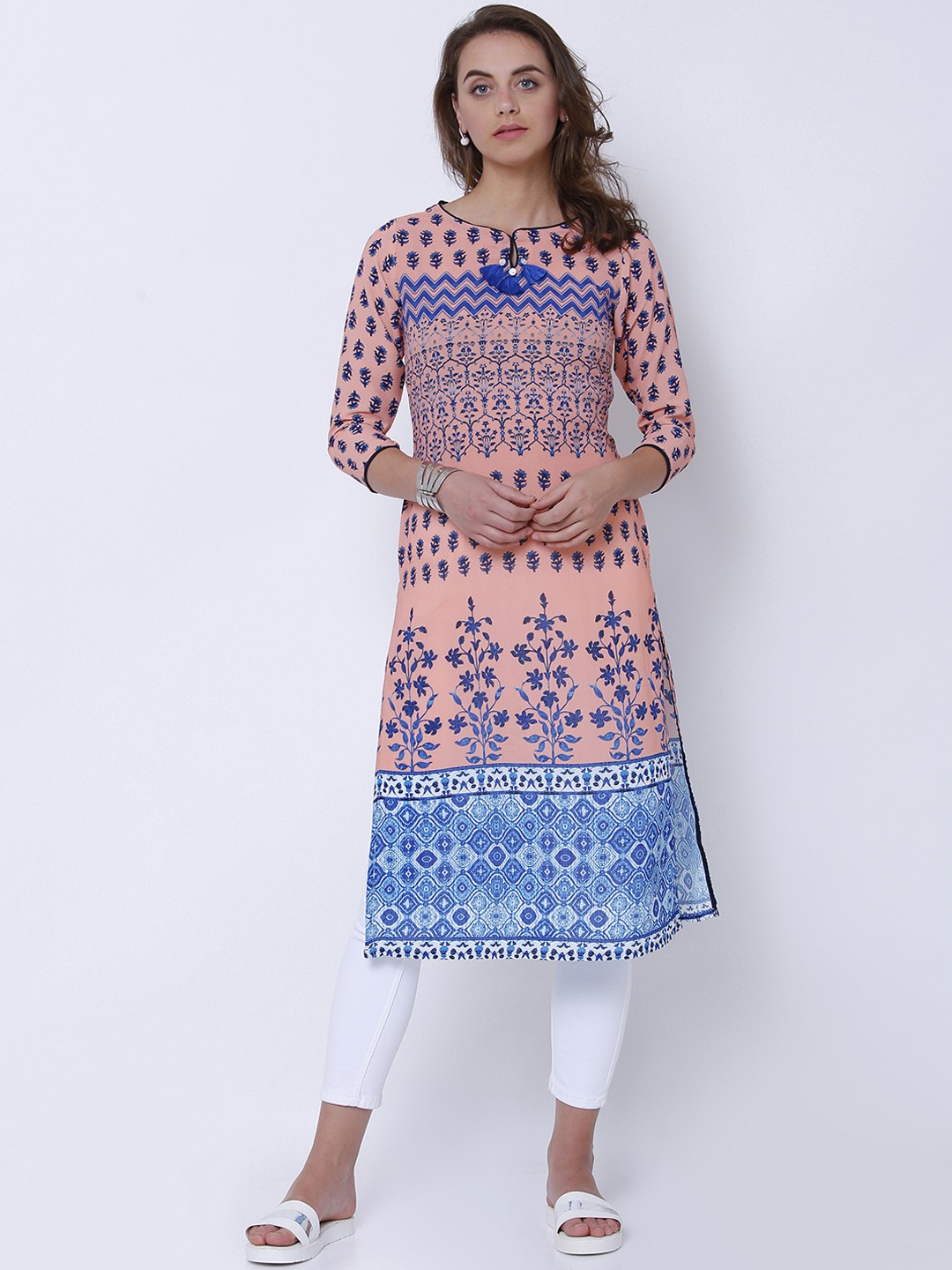 

Vishudh Women Peach-Coloured & Blue Printed Straight Kurta