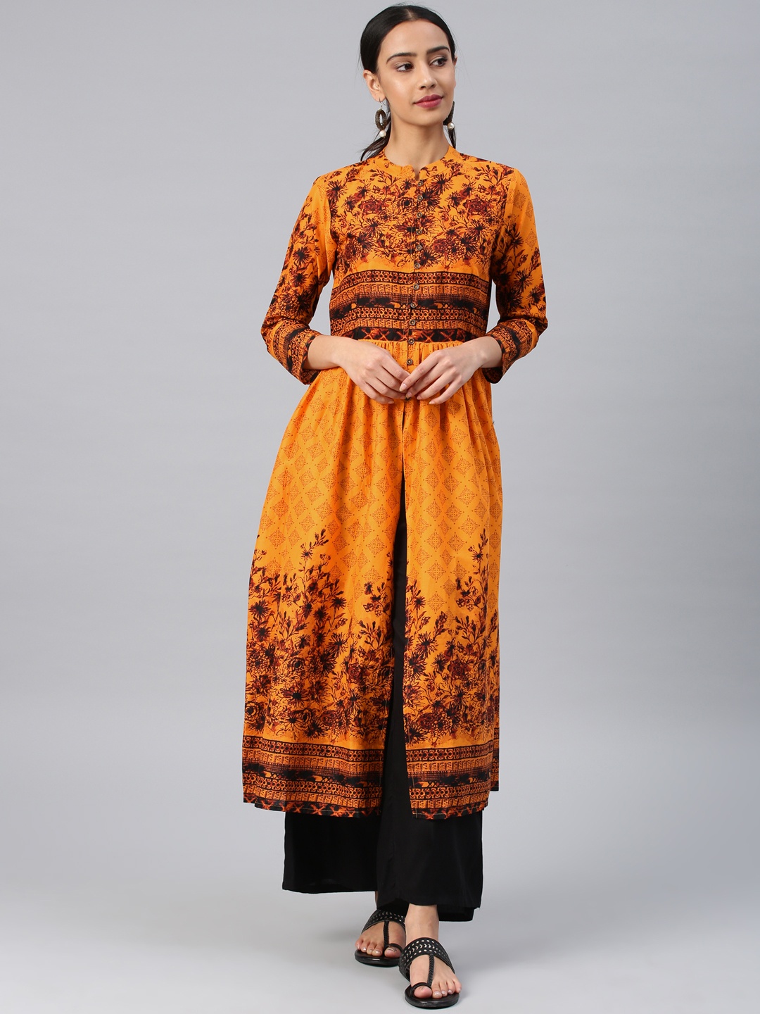 

Vishudh Women Mustard & Brown Printed Anarkali Kurta