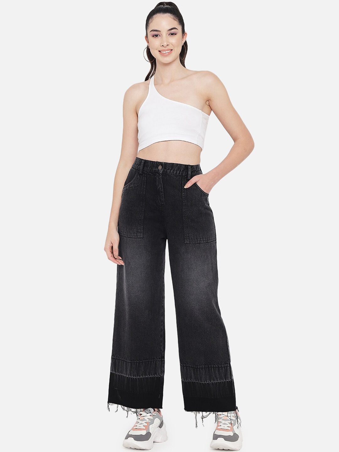 

Chemistry Women Flared High-Rise Clean Look Light Fade Cotton Jeans, Black