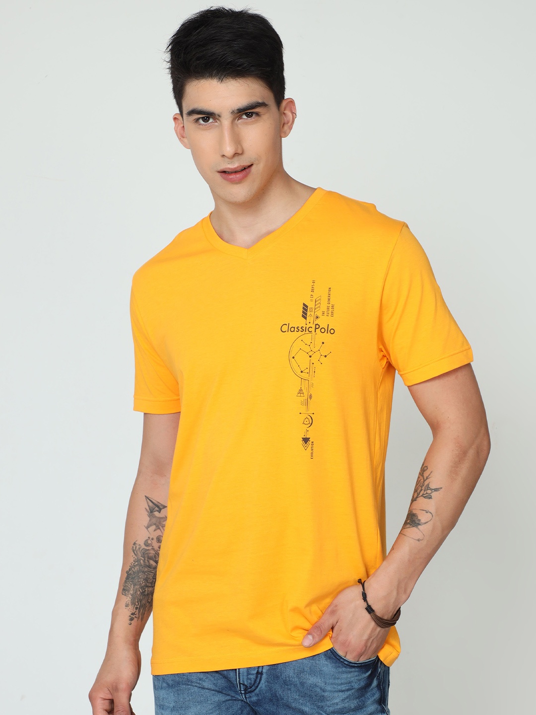 

Classic Polo Typography Printed V-Neck Cotton Slim Fit T-shirt, Yellow
