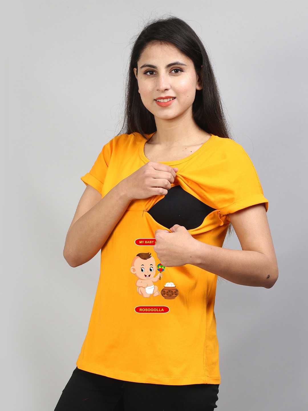 

SillyBoom Graphic Printed Extended Sleeves Maternity And Feeding Cotton T-shirt, Yellow