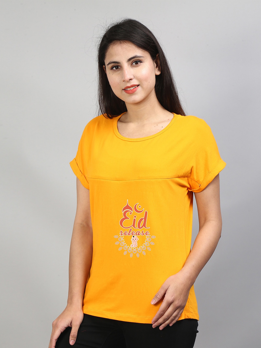 

SillyBoom Graphic Printed Extended Sleeves Maternity And Feeding Cotton T-shirt, Yellow