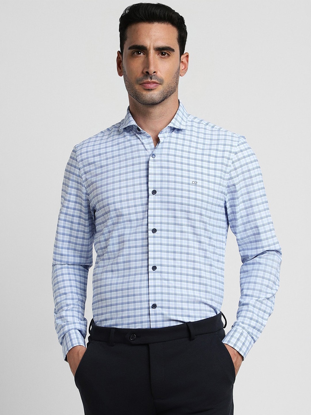 

Peter England Slim Fit Grid Tattersall Checked Cutaway Collar Formal Shirt, Blue