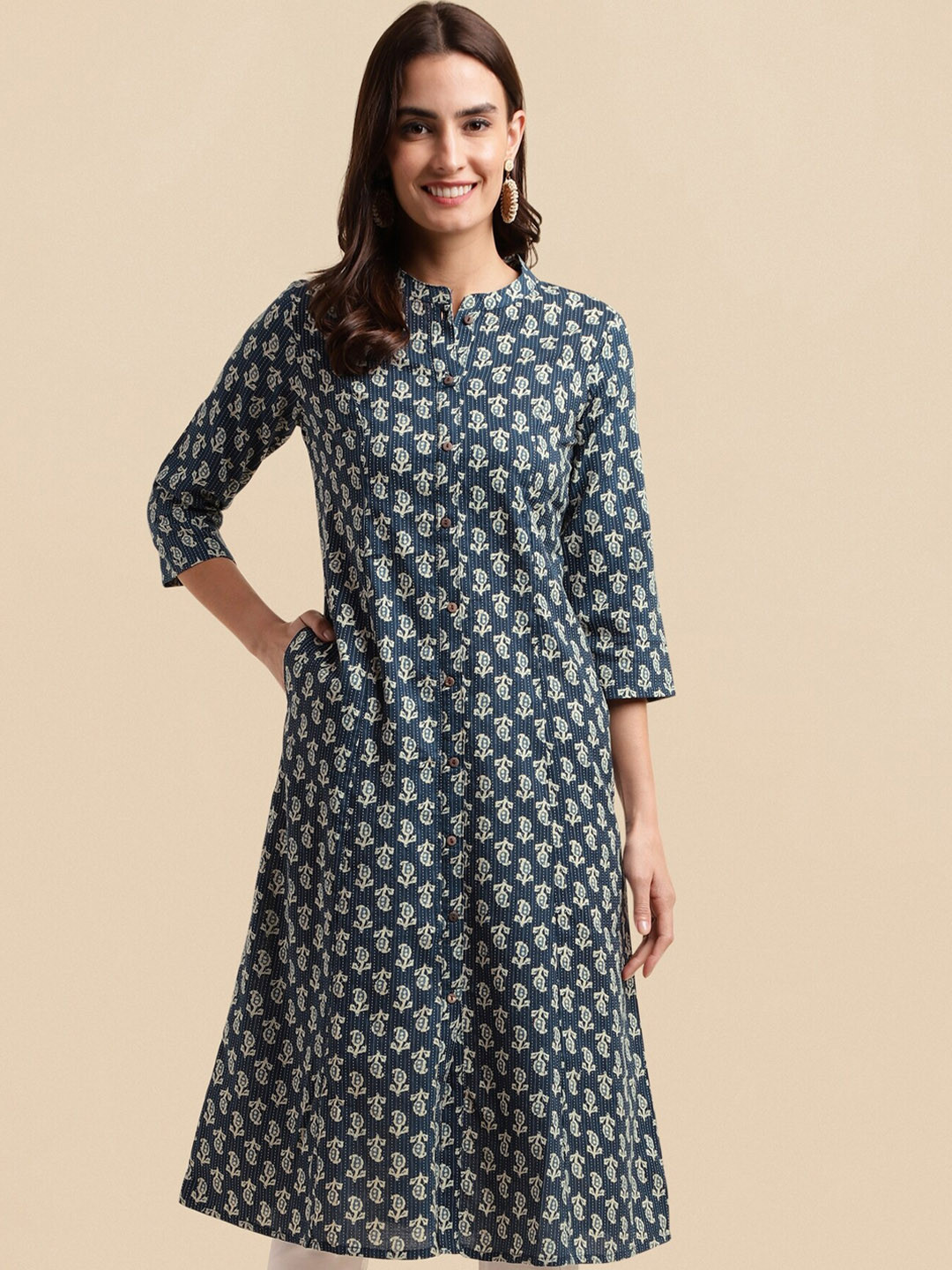 

KALINI Blue Ethnic Motifs Printed Mandarin Collar Pure Cotton A-Line Kurta