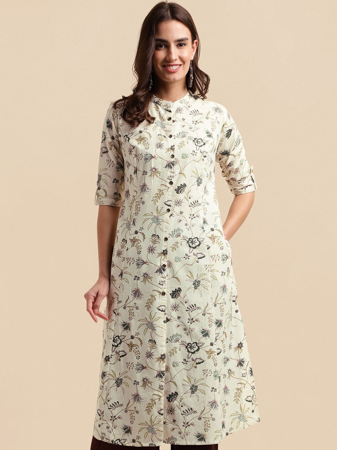 

MIRCHI FASHION Cream-Coloured Floral Printed Mandarin Collar Roll Up Sleeves A-line Kurta