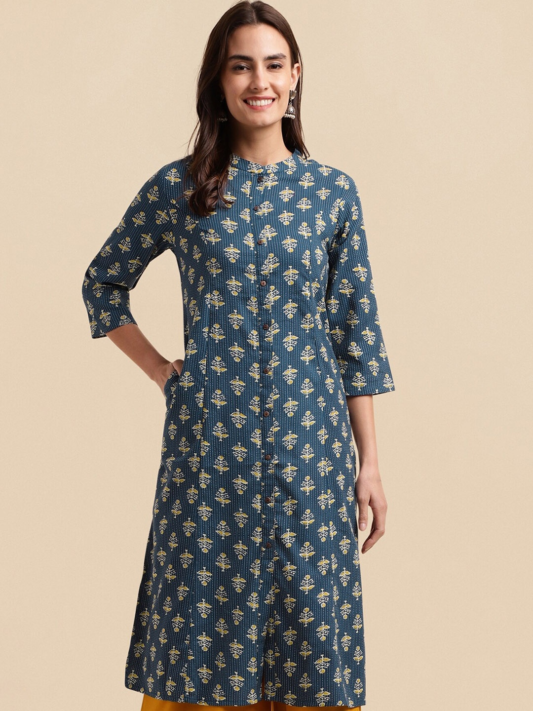 

KALINI Blue Ethnic Motifs Printed Thread Work Band Collar A-Line Cotton Kurta