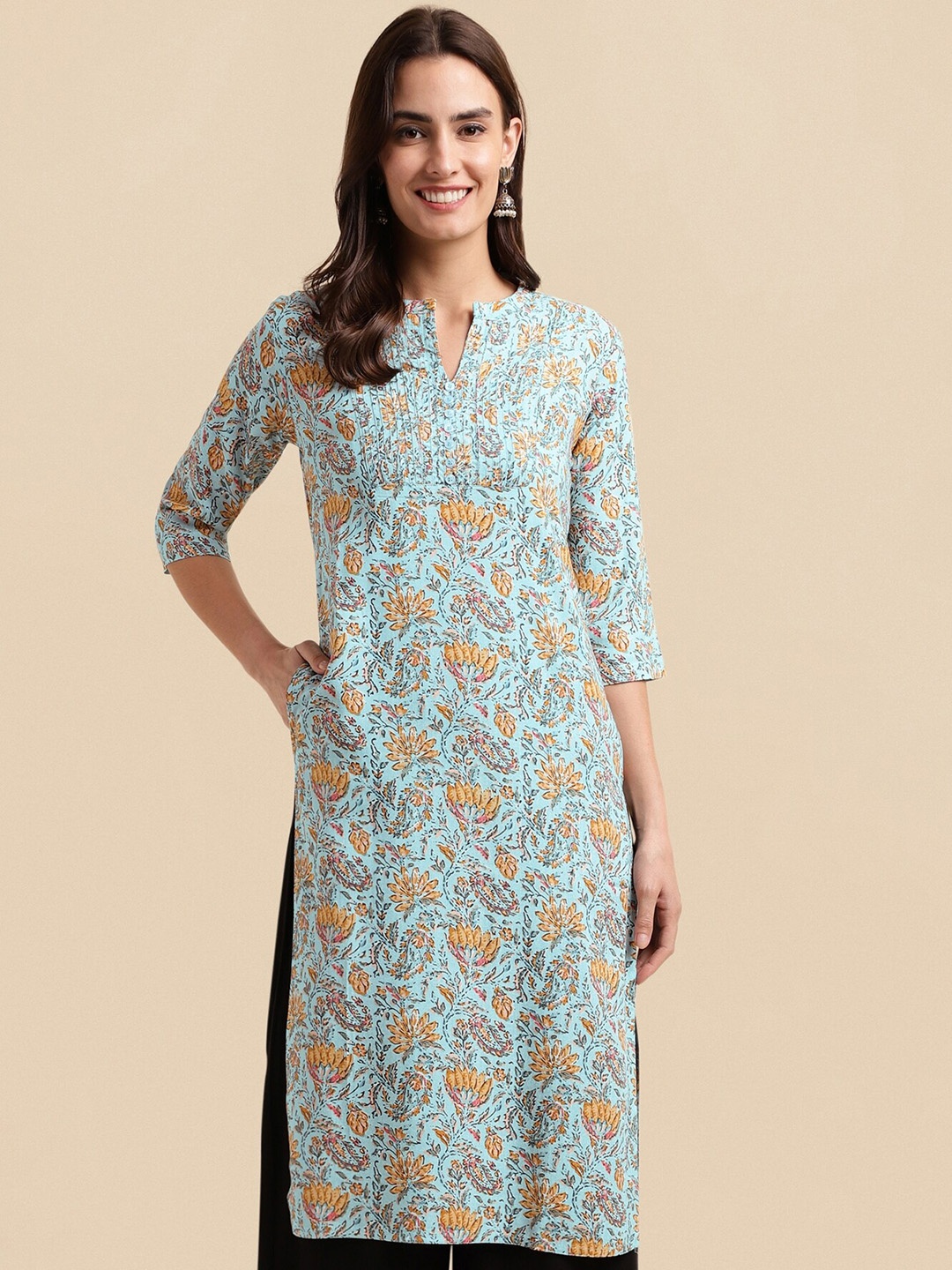 

KALINI Blue Floral Printed Mandarin Collar Kurta