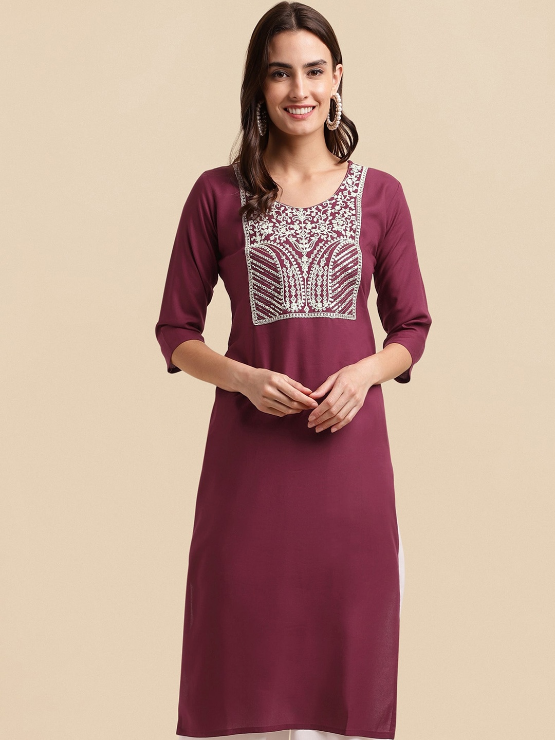 

KALINI Round Neck Yoke Design Ethnic Motifs Kurta, Magenta