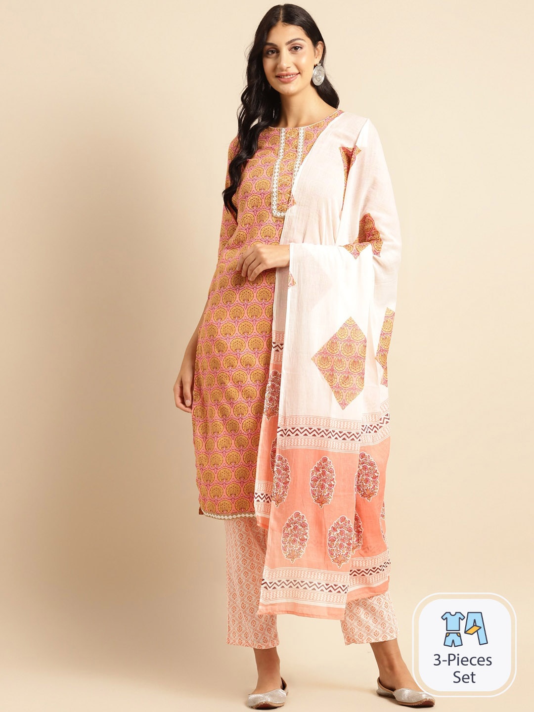 

Sangria Peach-Color & White Printed Pure Cotton Kurta With Trouser & Dupatta