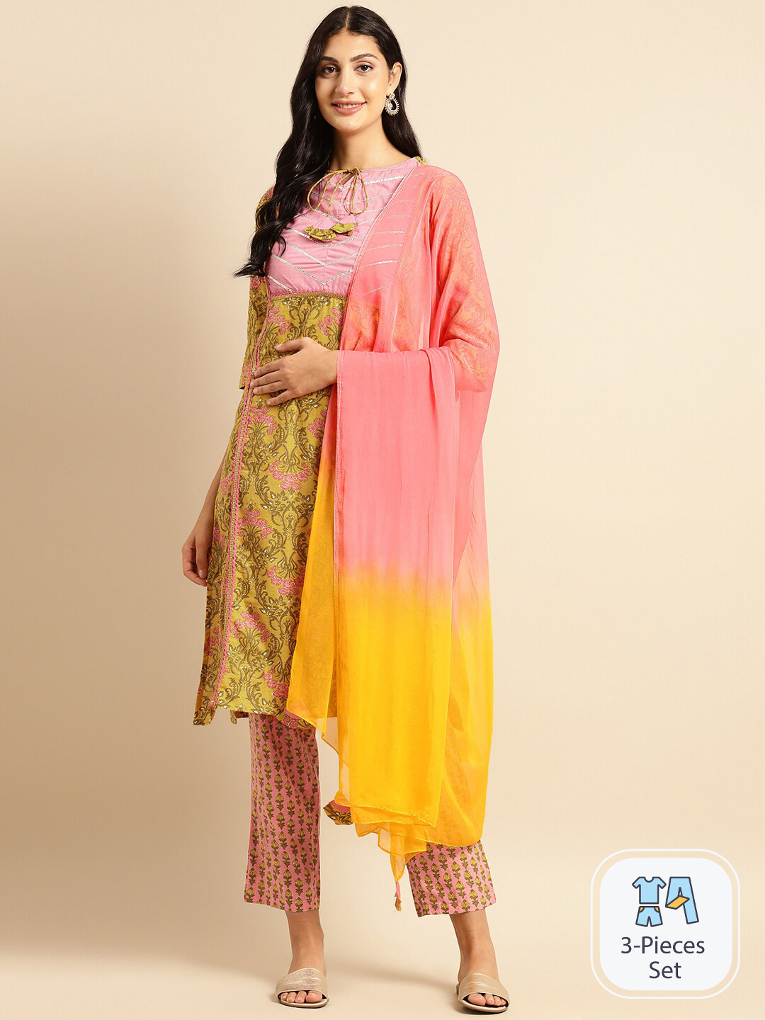 

Sangria Mustard Yellow & Peach-color Printed Pure Cotton Kurta With Trouser & Dupatta