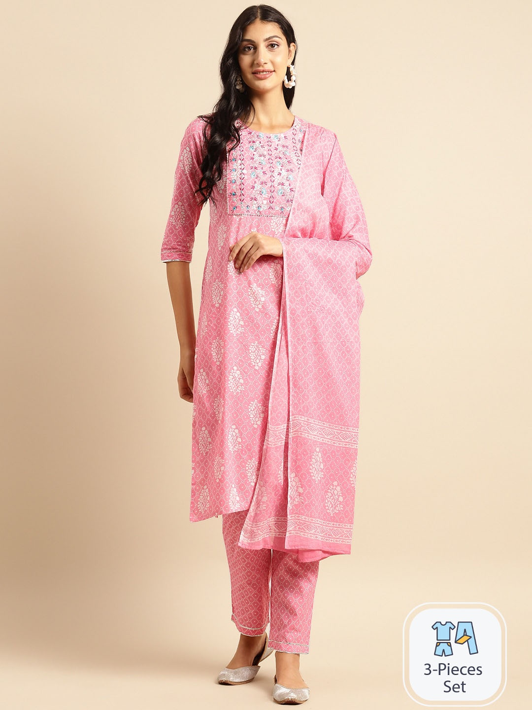 

Sangria Pink & White Floral Printed Gotta Patti Pure Cotton Kurta & Trousers With Dupatta