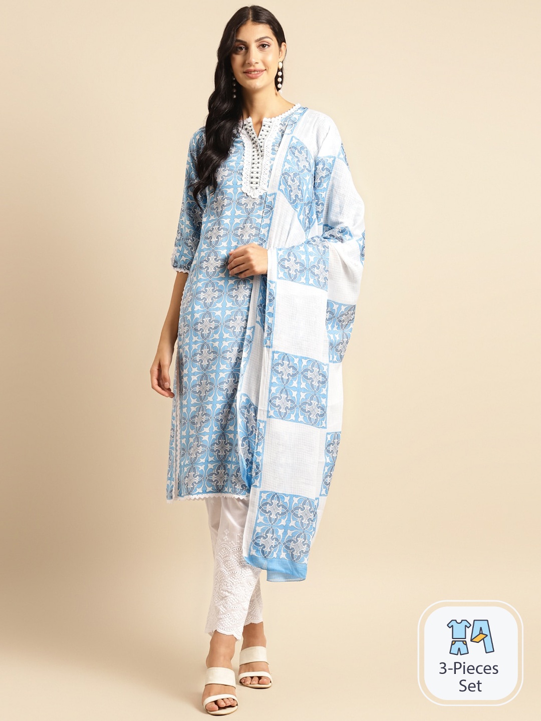

Sangria Floral Printed Thread Work Pure Cotton Straight Kurta & Trouser With Dupatta, Blue