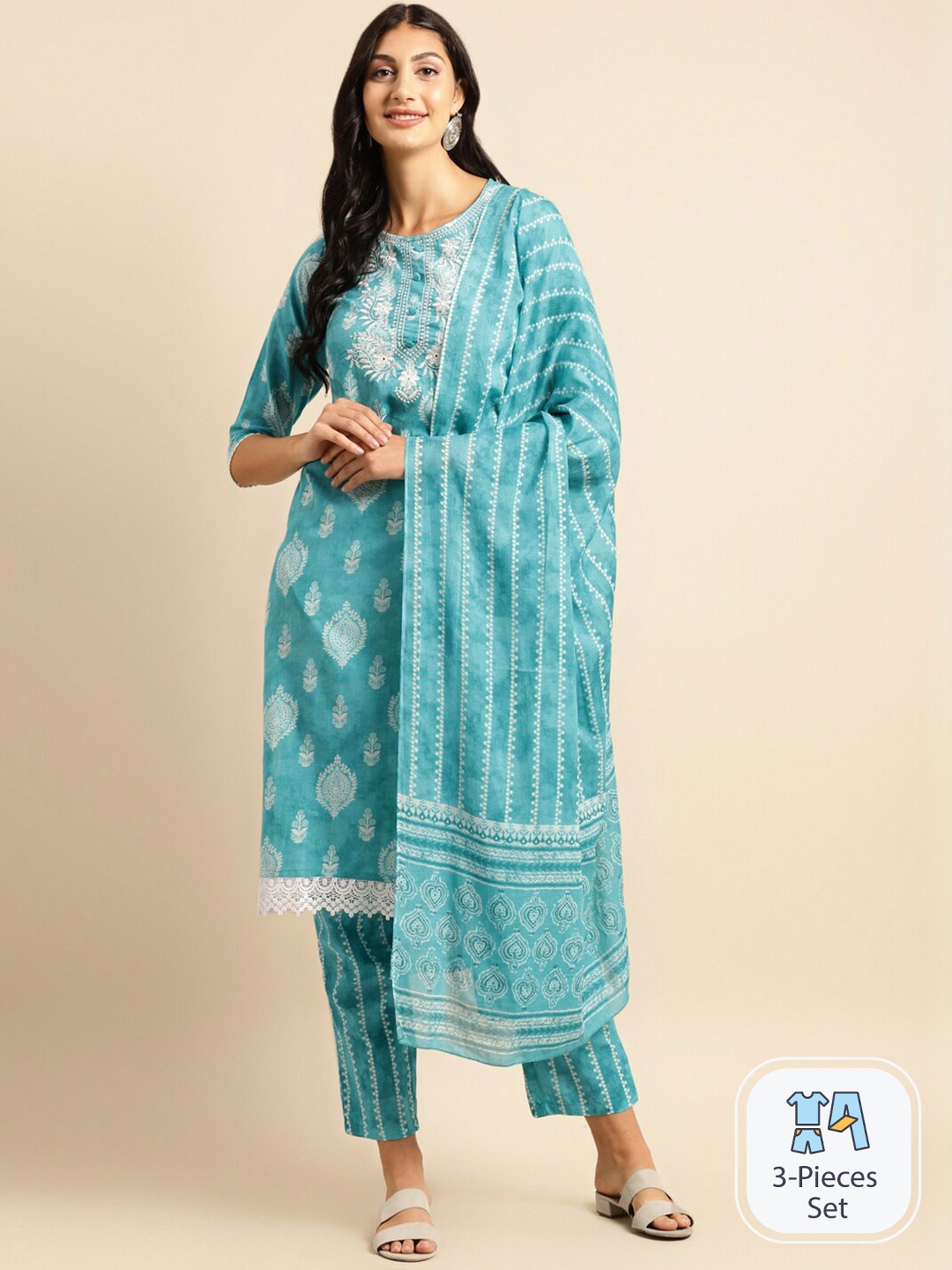 

Sangria Turquoise Blue & White Printed Pure Cotton Kurta With Trouser & Dupatta