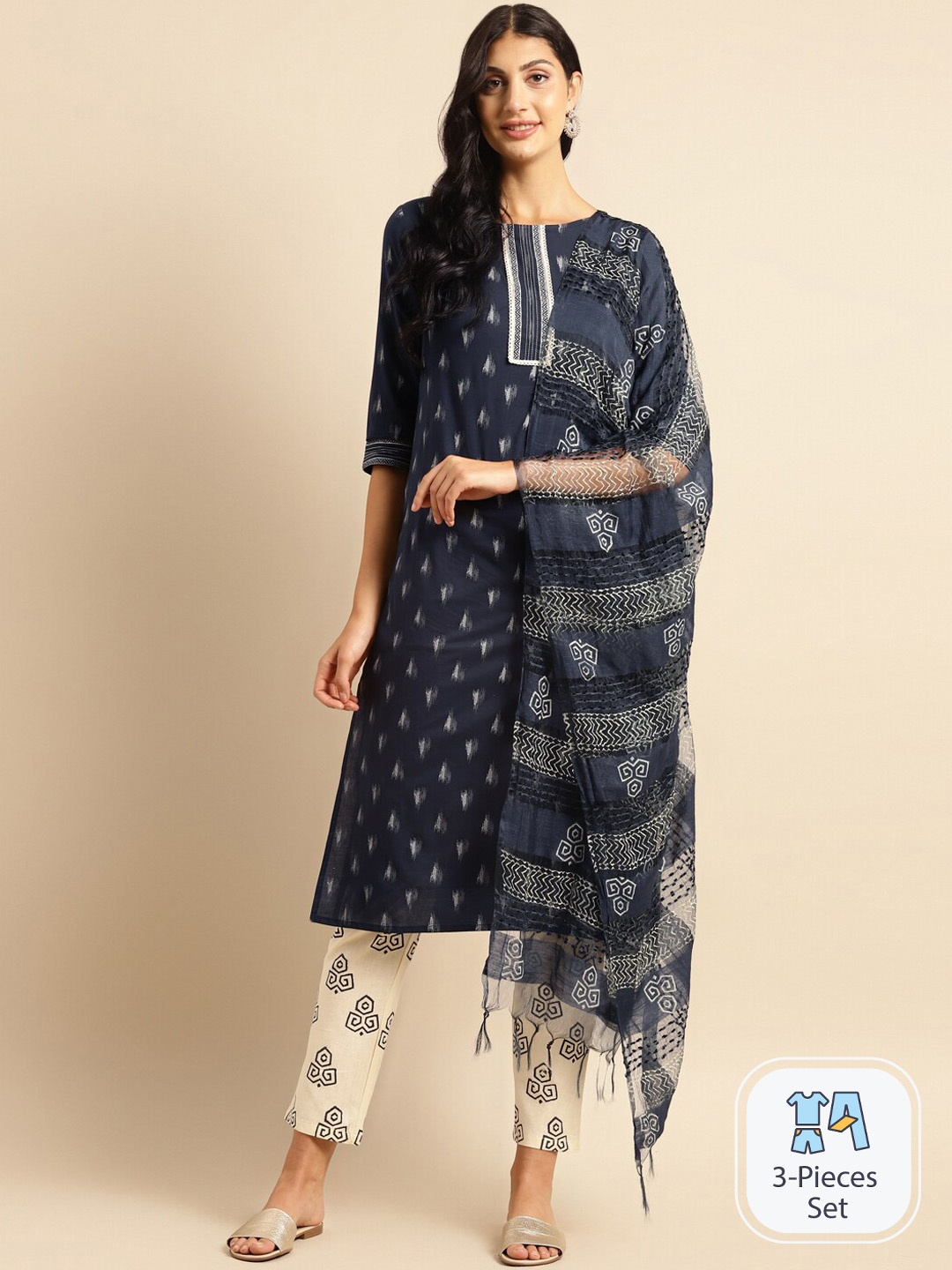 

Sangria Abstract Printed Pure Cotton Straight Kurta & Trouser with Dupatta, Navy blue