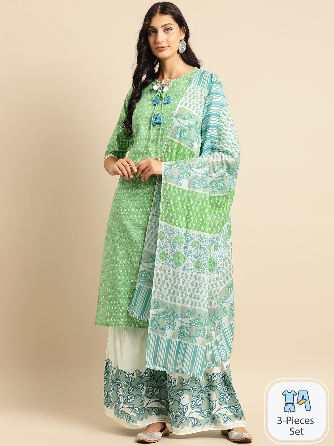 

Sangria Green & White Floral Printed Pure Cotton Straight Kurta With Palazzos & Dupatta