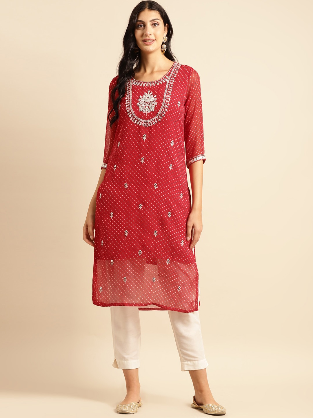 

Sangria Red & White Geometric Printed Mirror Work Straight Georgette Kurta