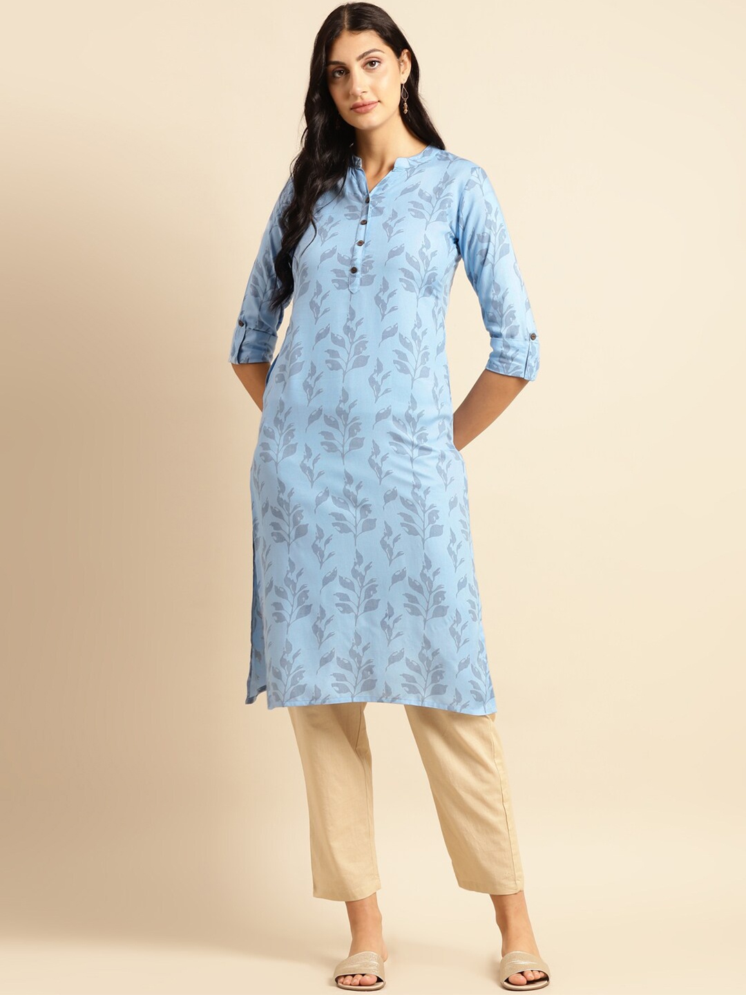 

Sangria Floral Printed Cotton Straight Kurta, Blue