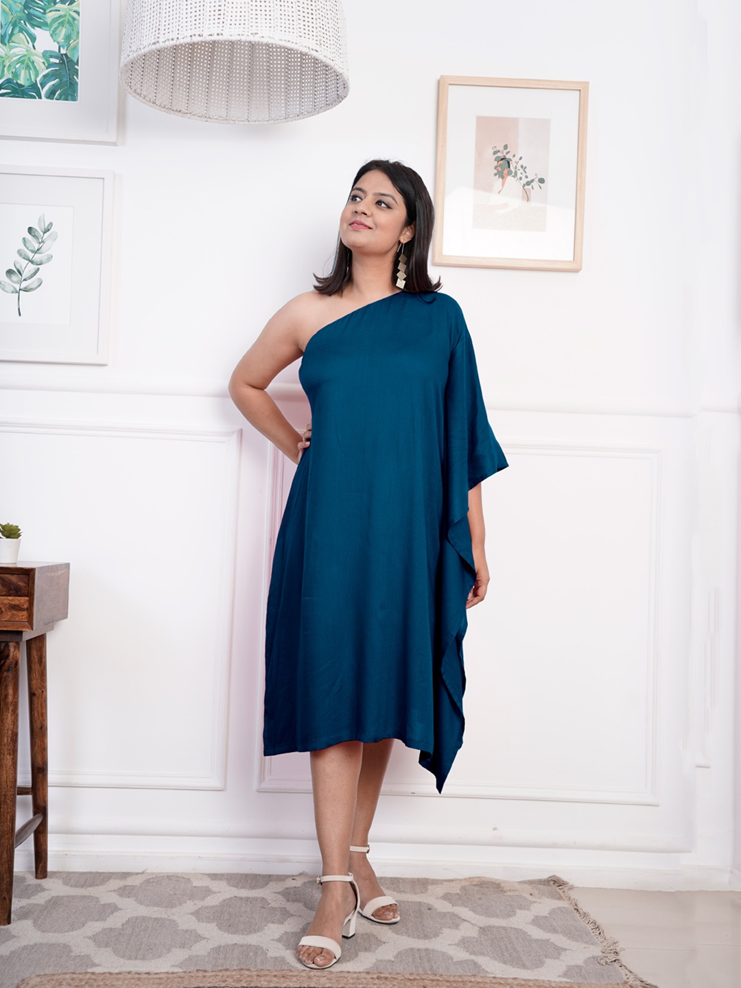 

LetsDressUp One Shoulder Extended Sleeves A-Line Dress, Teal