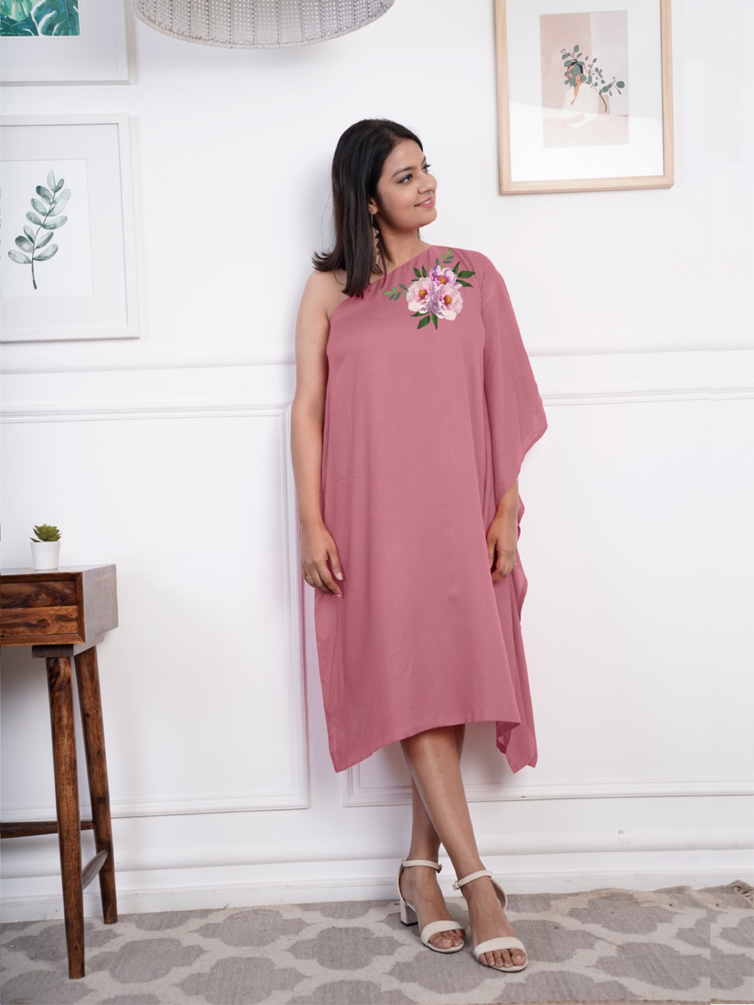 

LetsDressUp Floral Printed One Shoulder Extended Sleeves Flared A-Line Dress, Pink
