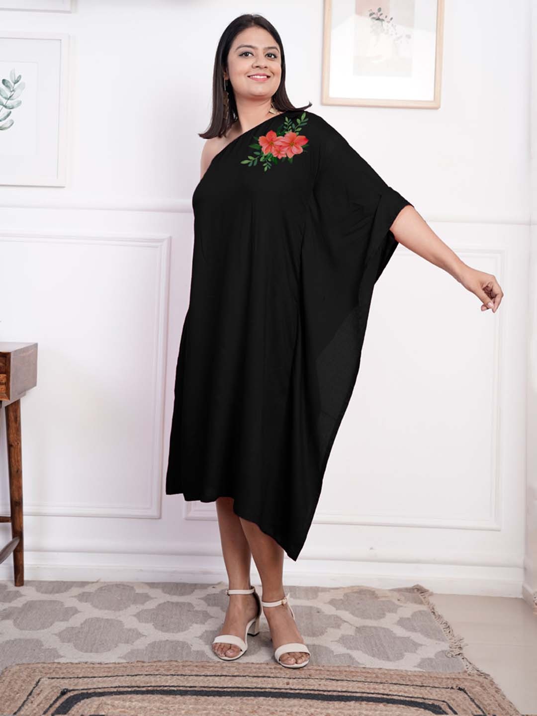 

LetsDressUp One-Shoulder Flared Sleeves Cotton A-Line Midi Dress, Black