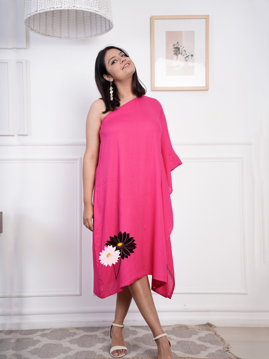 

LetsDressUp One-Shoulder Flared Sleeves Cotton A-Line Midi Dress, Magenta