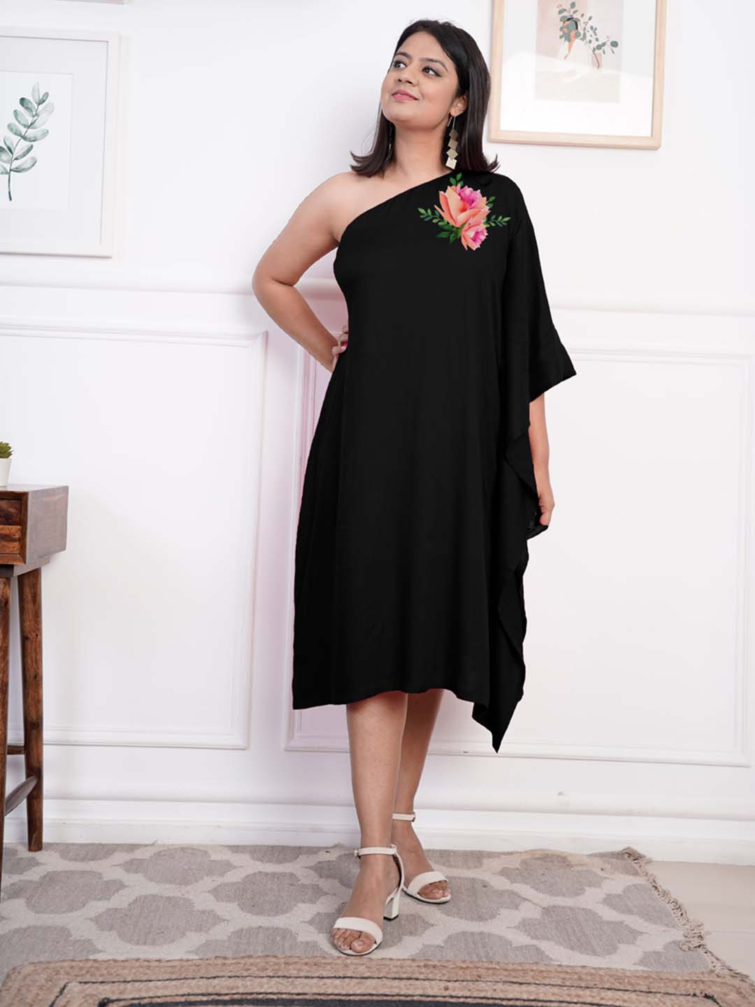 

LetsDressUp Floral Printed One Shoulder Kimono Sleeves A-Line Dress, Black
