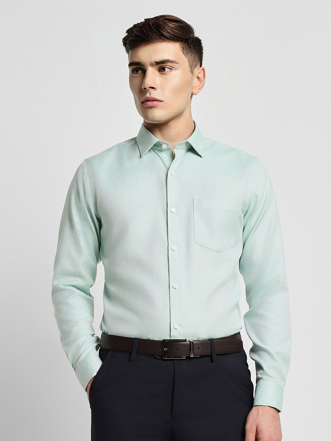 

Peter England Elite Textured Self Design Slim Fit Spread Collar Cotton Formal Shirt, Green