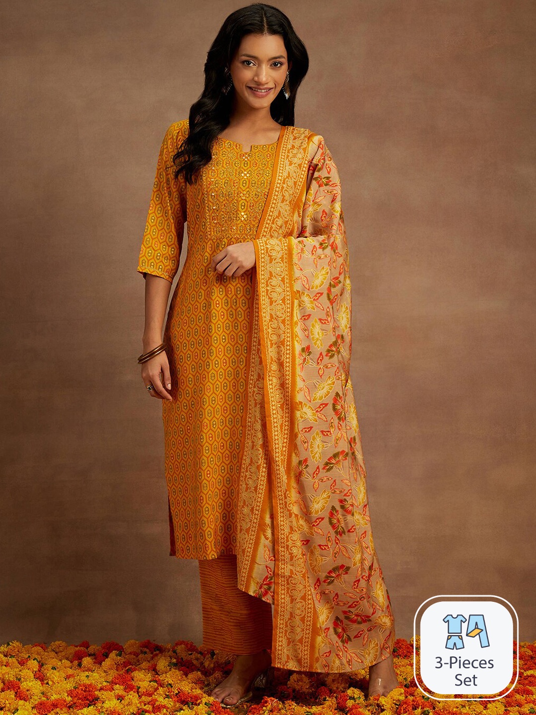 

Libas Ethnic Motifs Printed Regular Sequinned Kurta With Trousers & Dupatta, Yellow