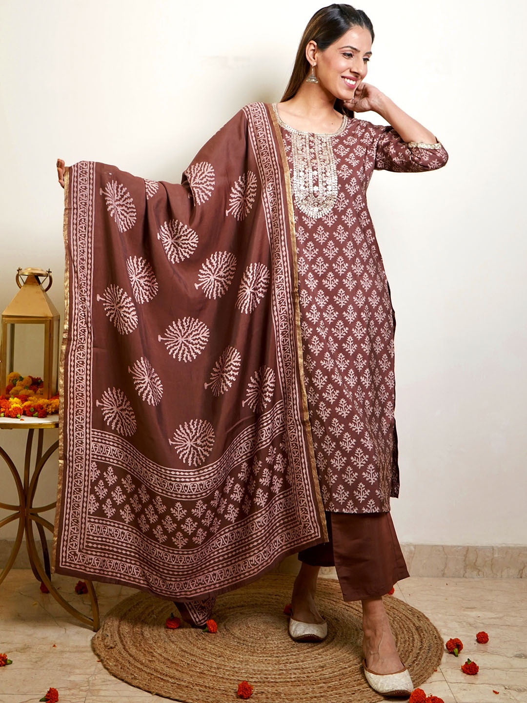 

Libas Floral Printed Regular Sequinned Kurta With Trousers & Dupatta, Brown