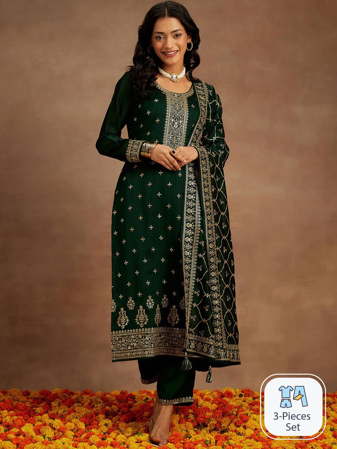

Libas Ethnic Motifs Embroidered Regular Kurta With Trousers & Dupatta, Green