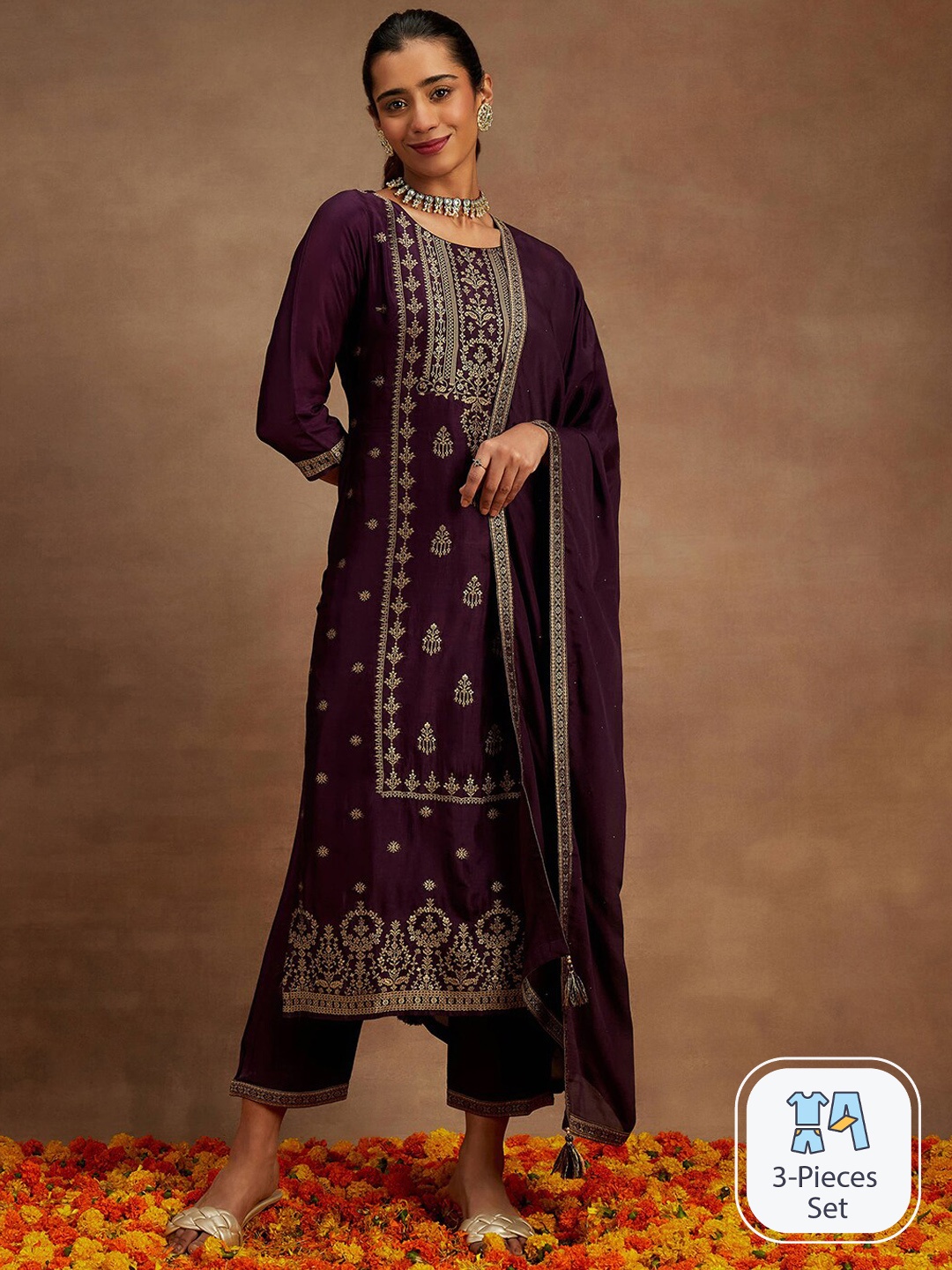 

Libas Ethnic Motifs Embroidered Regular Kurta With Trousers & Dupatta, Burgundy