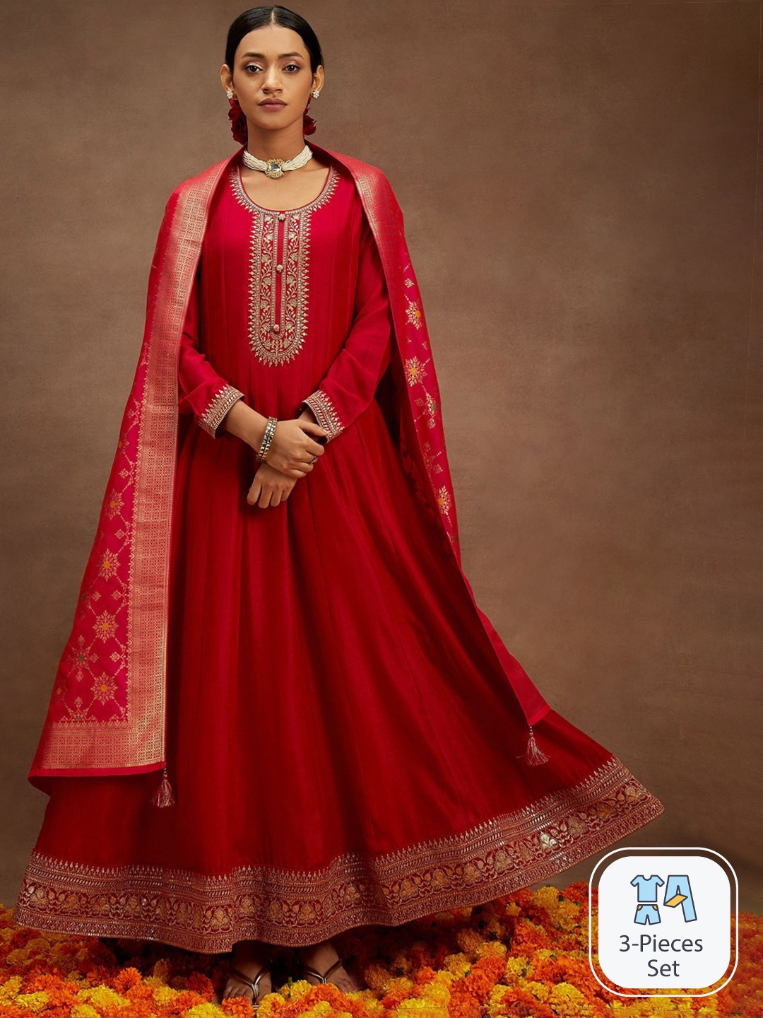 

Libas Ethnic Motifs Yoke Design Sequinned Kurta With Trousers & Dupatta, Red