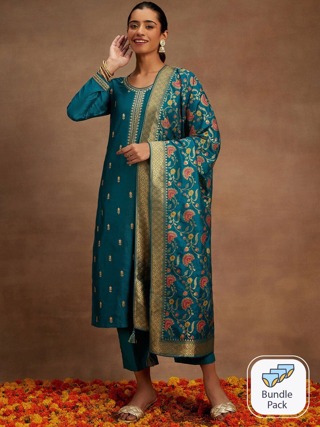 

Libas Ethnic Motifs Embroidered Regular Thread Work Kurta With Trousers & Dupatta, Teal