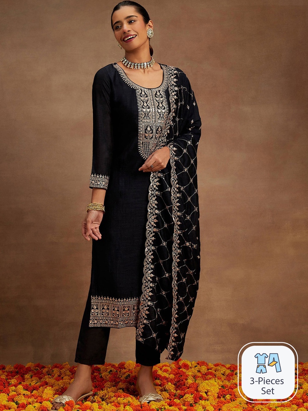 

Libas Ethnic Motifs Yoke Design Regular Sequinned Kurta With Trousers & Dupatta, Navy blue