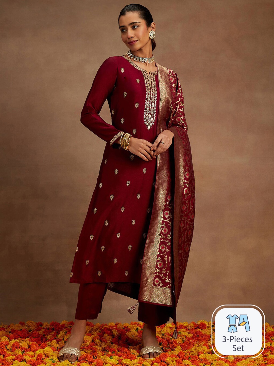 

Libas Ethnic Motifs Embroidered Regular Kurta With Trousers & Dupatta, Maroon